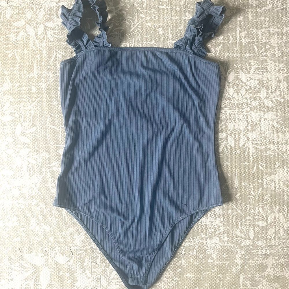 Kaileigh Blue Ruffle Strap Coquette Bodysuit